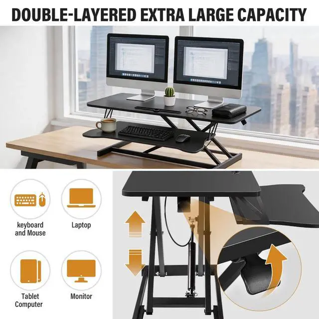 Alt view image 5 of 7 - 37 Inch Standing Desk Converter, Height Adjustable Desktop Standing Desk, Stand Up Riser Compatibles with 2 Computer, Stand Up Converter Laptop Workstation to 18.8" Tall, Black