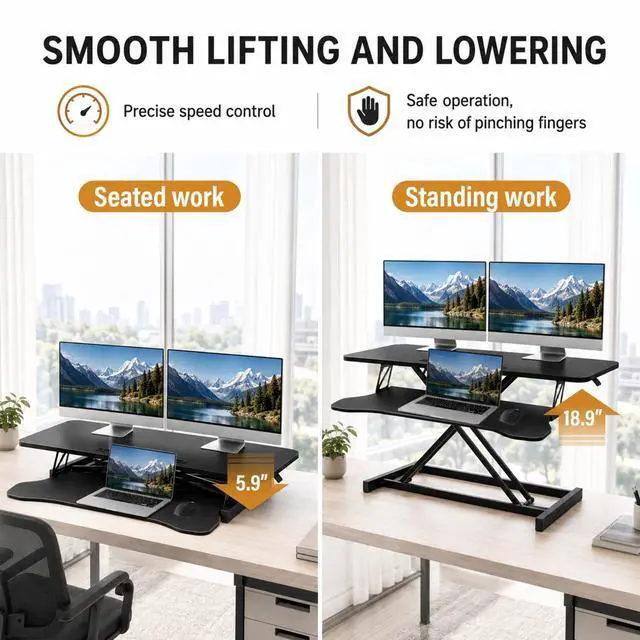 Alt view image 6 of 7 - 37 Inch Standing Desk Converter, Height Adjustable Desktop Standing Desk, Stand Up Riser Compatibles with 2 Computer, Stand Up Converter Laptop Workstation to 18.8" Tall, Black