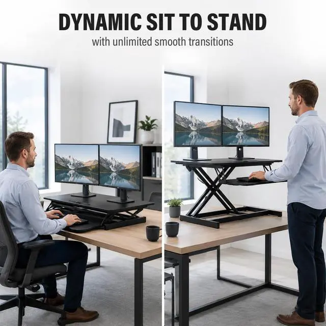 Alt view image 7 of 7 - 37 Inch Standing Desk Converter, Height Adjustable Desktop Standing Desk, Stand Up Riser Compatibles with 2 Computer, Stand Up Converter Laptop Workstation to 18.8" Tall, Black