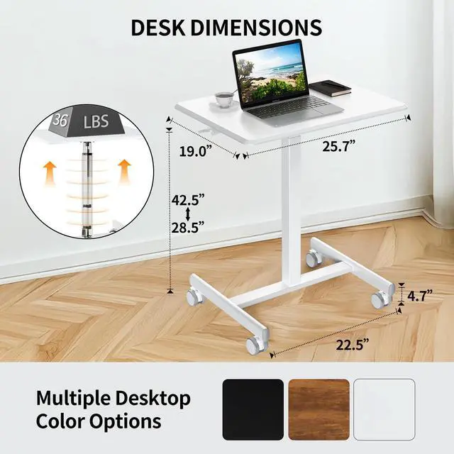 Alt view image 3 of 6 - Mobile Small Standing Desk - Rolling Desk with Adjustable Height and Lockable Wheels, Sit-Stand Laptop Table, Portable Computer Workstation, Cream White