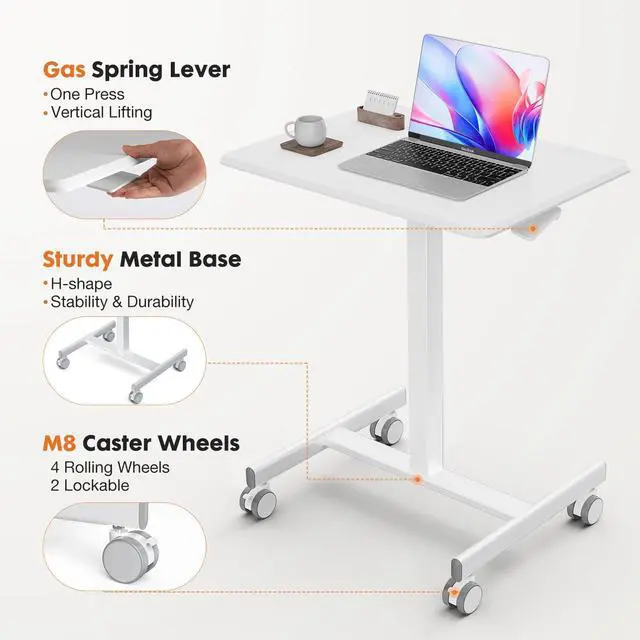 Alt view image 4 of 6 - Mobile Small Standing Desk - Rolling Desk with Adjustable Height and Lockable Wheels, Sit-Stand Laptop Table, Portable Computer Workstation, Cream White
