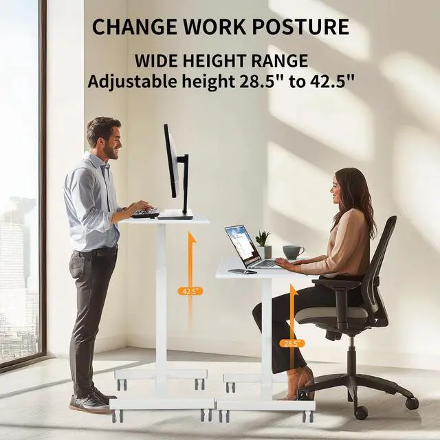 Alt view image 5 of 6 - Mobile Small Standing Desk - Rolling Desk with Adjustable Height and Lockable Wheels, Sit-Stand Laptop Table, Portable Computer Workstation, Cream White