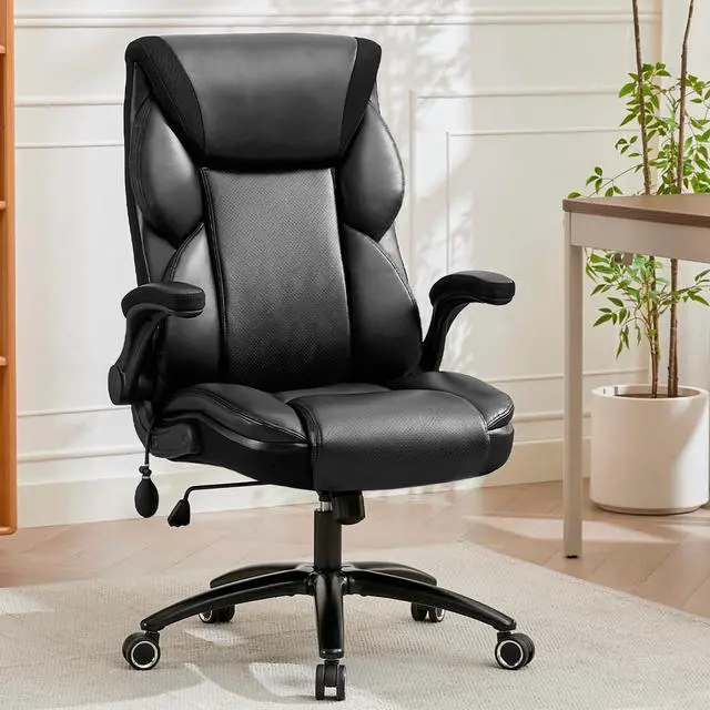 Alt view image 2 of 7 - Executive Office Chair - Adjustable Inflatable Lumbar Support, Flip Up Arms, Heavy Duty Metal Base, Breathable PU Leather Ergonomic High Back Computer Chair Desk Chair, Thick Padded | Black