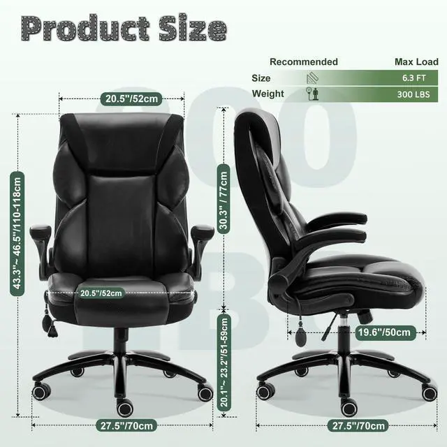 Alt view image 3 of 7 - Executive Office Chair - Adjustable Inflatable Lumbar Support, Flip Up Arms, Heavy Duty Metal Base, Breathable PU Leather Ergonomic High Back Computer Chair Desk Chair, Thick Padded | Black