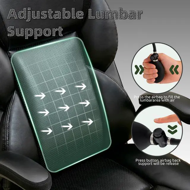 Alt view image 5 of 7 - Executive Office Chair - Adjustable Inflatable Lumbar Support, Flip Up Arms, Heavy Duty Metal Base, Breathable PU Leather Ergonomic High Back Computer Chair Desk Chair, Thick Padded | Black