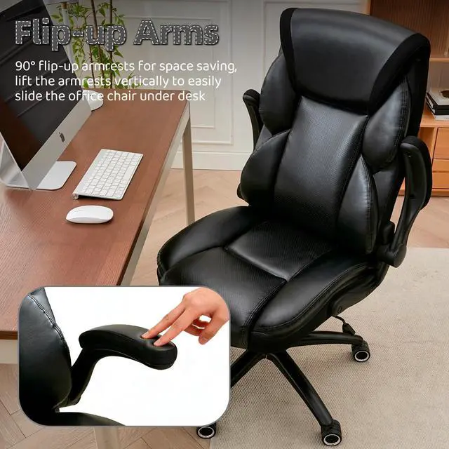 Alt view image 6 of 7 - Executive Office Chair - Adjustable Inflatable Lumbar Support, Flip Up Arms, Heavy Duty Metal Base, Breathable PU Leather Ergonomic High Back Computer Chair Desk Chair, Thick Padded | Black