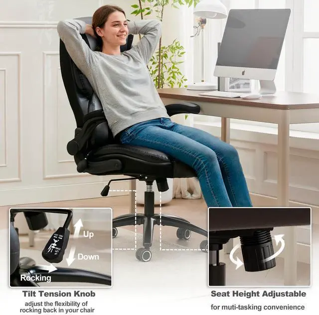 Alt view image 7 of 7 - Executive Office Chair - Adjustable Inflatable Lumbar Support, Flip Up Arms, Heavy Duty Metal Base, Breathable PU Leather Ergonomic High Back Computer Chair Desk Chair, Thick Padded | Black
