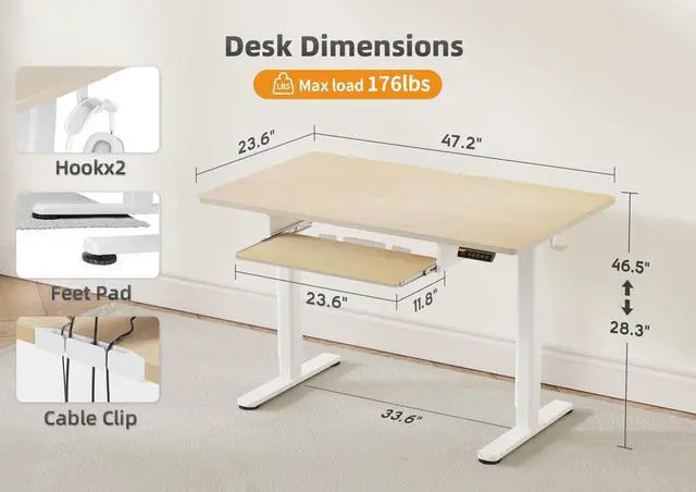 Alt view image 3 of 7 - Electric Standing Desk 48x24 Inches with Keyboard Tray Natural | Splice board, 28.3-46.5 inch height range, 3 memory presets, 45dB quiet motor, 176LBS capacity, sturdy steel frame