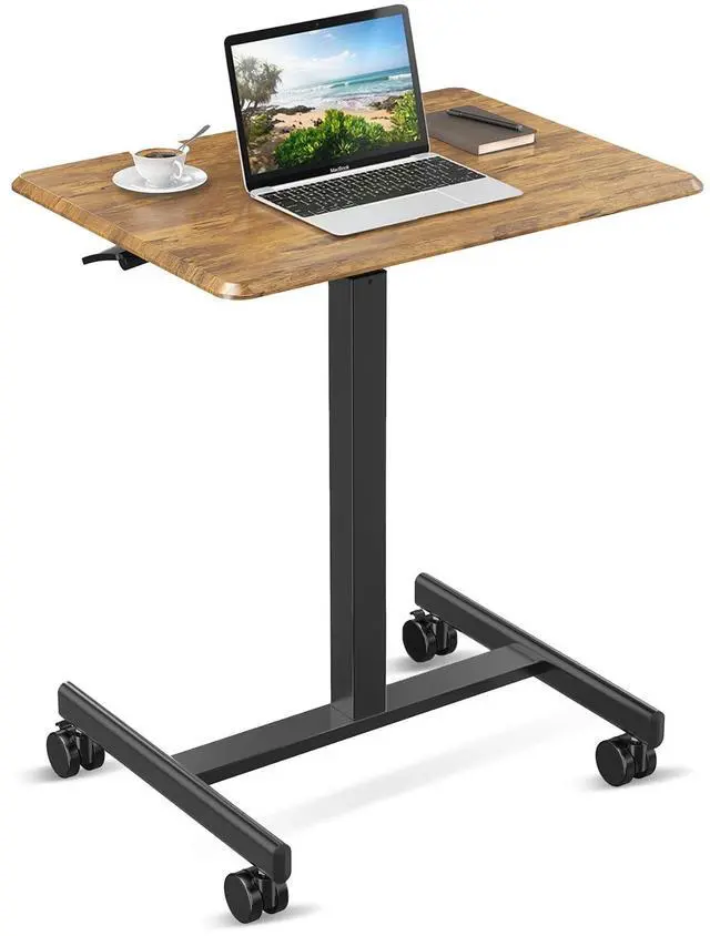 Main image of Mobile Small Standing Desk - Rolling Desk with Adjustable Height and Lockable Wheels, Sit-Stand Laptop Table, Portable Computer Workstation, Brown