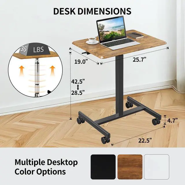 Alt view image 3 of 7 - Mobile Small Standing Desk - Rolling Desk with Adjustable Height and Lockable Wheels, Sit-Stand Laptop Table, Portable Computer Workstation, Brown