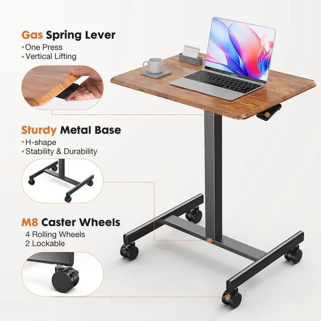 Alt view image 4 of 7 - Mobile Small Standing Desk - Rolling Desk with Adjustable Height and Lockable Wheels, Sit-Stand Laptop Table, Portable Computer Workstation, Brown