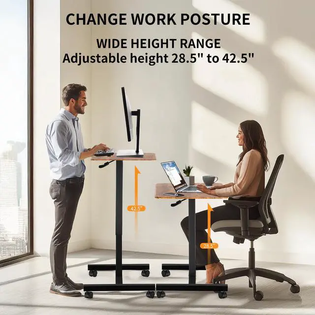 Alt view image 5 of 7 - Mobile Small Standing Desk - Rolling Desk with Adjustable Height and Lockable Wheels, Sit-Stand Laptop Table, Portable Computer Workstation, Brown