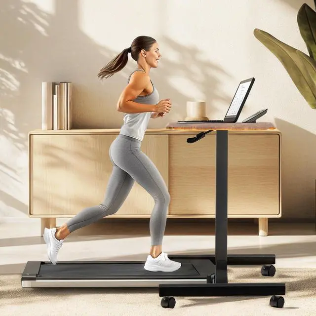 Alt view image 7 of 7 - Mobile Small Standing Desk - Rolling Desk with Adjustable Height and Lockable Wheels, Sit-Stand Laptop Table, Portable Computer Workstation, Brown