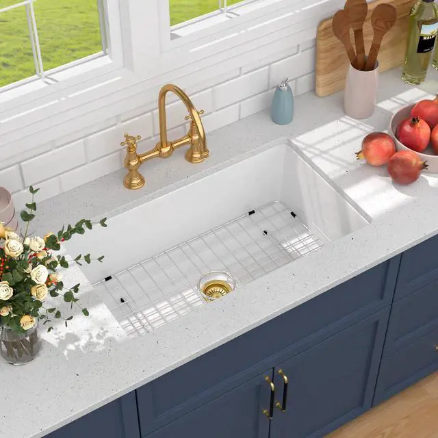 Main image of 32 Inch White Undermount Kitchen Sink-Belsend Fireclay Porcelain Dual Mount Ceramic Single Bowl Deep Sinks Under Counter Glossy Kitchen Basin 32x19x10