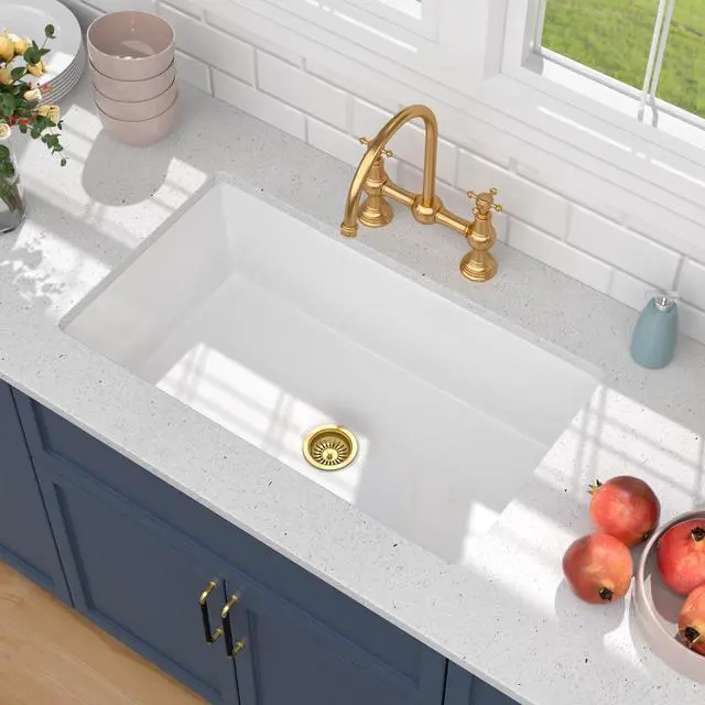 Alt view image 2 of 6 - 32 Inch White Undermount Kitchen Sink-Belsend Fireclay Porcelain Dual Mount Ceramic Single Bowl Deep Sinks Under Counter Glossy Kitchen Basin 32x19x10