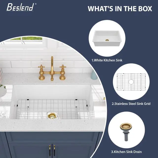 Alt view image 3 of 6 - 32 Inch White Undermount Kitchen Sink-Belsend Fireclay Porcelain Dual Mount Ceramic Single Bowl Deep Sinks Under Counter Glossy Kitchen Basin 32x19x10