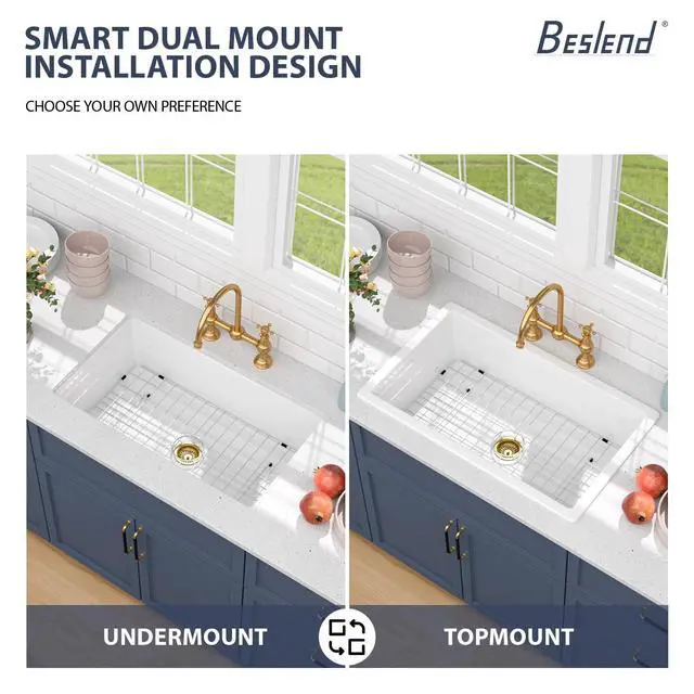 Alt view image 4 of 6 - 32 Inch White Undermount Kitchen Sink-Belsend Fireclay Porcelain Dual Mount Ceramic Single Bowl Deep Sinks Under Counter Glossy Kitchen Basin 32x19x10
