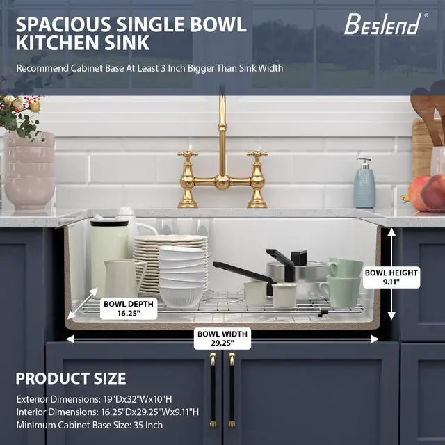 Alt view image 6 of 6 - 32 Inch White Undermount Kitchen Sink-Belsend Fireclay Porcelain Dual Mount Ceramic Single Bowl Deep Sinks Under Counter Glossy Kitchen Basin 32x19x10