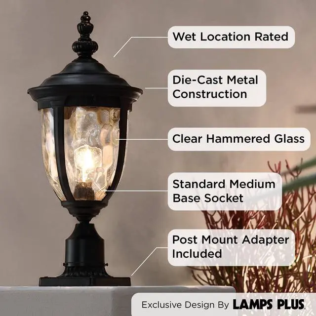 Alt view image 3 of 6 - Bellagio Traditional Post Light Pier Mount Textured Black 22 3/4" Clear Hammered Glass for Exterior House Porch Patio Outside Deck Garage Yard Garden Driveway Home Lawn Walkway
