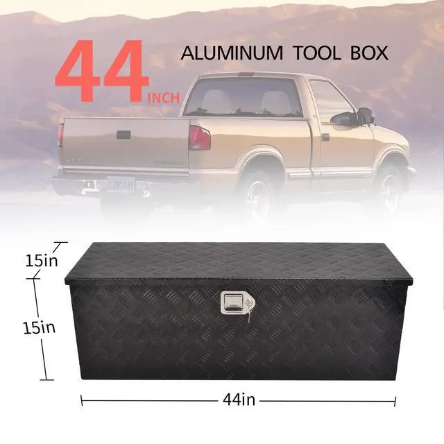 Alt view image 2 of 6 - 44 Inch Aluminum Truck Bed Tool Box, 5 Bar Tread Truck Tool Box with Lock&Keys, Heavy Duty Waterproof Flatbed tool box for Vans, Trailers, RVS,Trucks, Black(44"x15"x15")