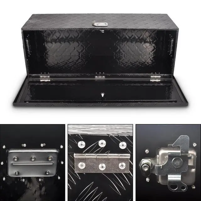 Alt view image 3 of 6 - 44 Inch Aluminum Truck Bed Tool Box, 5 Bar Tread Truck Tool Box with Lock&Keys, Heavy Duty Waterproof Flatbed tool box for Vans, Trailers, RVS,Trucks, Black(44"x15"x15")