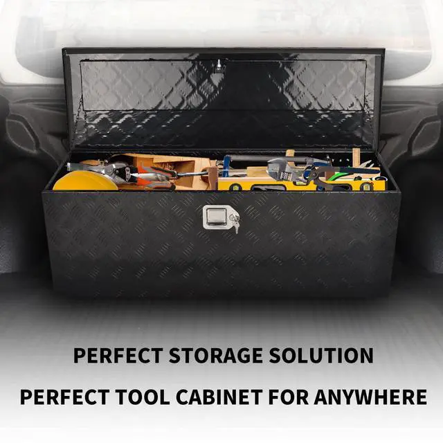 Alt view image 4 of 6 - 44 Inch Aluminum Truck Bed Tool Box, 5 Bar Tread Truck Tool Box with Lock&Keys, Heavy Duty Waterproof Flatbed tool box for Vans, Trailers, RVS,Trucks, Black(44"x15"x15")