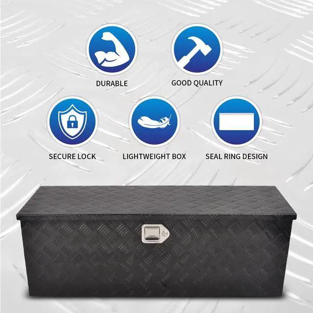Alt view image 6 of 6 - 44 Inch Aluminum Truck Bed Tool Box, 5 Bar Tread Truck Tool Box with Lock&Keys, Heavy Duty Waterproof Flatbed tool box for Vans, Trailers, RVS,Trucks, Black(44"x15"x15")