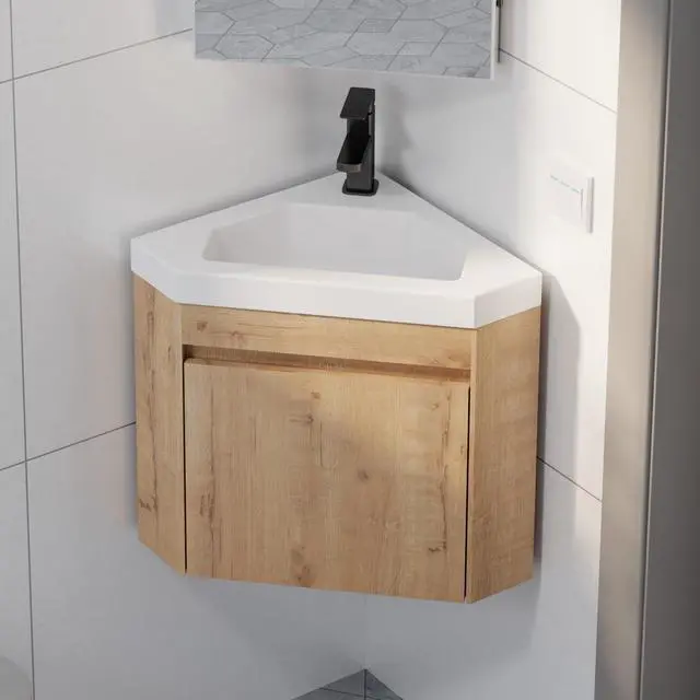 Main image of 22" Corner Bathroom Vanity Sink Combo for Small Space Wall Mounted Floating Cabinet with White Resin Sink and Matte Black Faucet, Natural