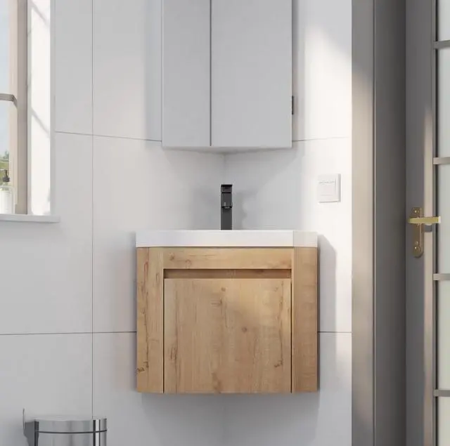 Alt view image 2 of 6 - 22" Corner Bathroom Vanity Sink Combo for Small Space Wall Mounted Floating Cabinet with White Resin Sink and Matte Black Faucet, Natural
