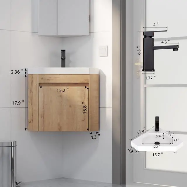 Alt view image 3 of 6 - 22" Corner Bathroom Vanity Sink Combo for Small Space Wall Mounted Floating Cabinet with White Resin Sink and Matte Black Faucet, Natural