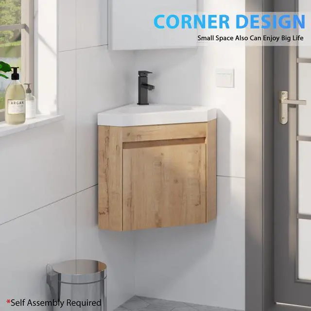 Alt view image 4 of 6 - 22" Corner Bathroom Vanity Sink Combo for Small Space Wall Mounted Floating Cabinet with White Resin Sink and Matte Black Faucet, Natural