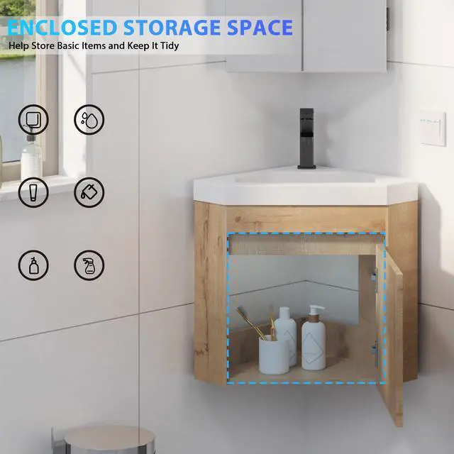 Alt view image 5 of 6 - 22" Corner Bathroom Vanity Sink Combo for Small Space Wall Mounted Floating Cabinet with White Resin Sink and Matte Black Faucet, Natural