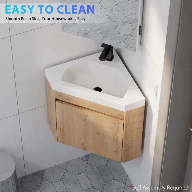 Alt view image 6 of 6 - 22" Corner Bathroom Vanity Sink Combo for Small Space Wall Mounted Floating Cabinet with White Resin Sink and Matte Black Faucet, Natural