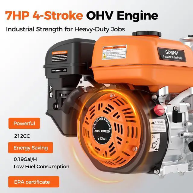 Alt view image 2 of 6 - 3-Inch Gas Water Pump, 212CC 7HP 4-Stroke Engine, 265 GPM Gas Powered Water Pump with 92FT Lift, 26FT Suction, 1.2L/H Fuel consumption, for Irrigation, Flood Drainage, Transfer