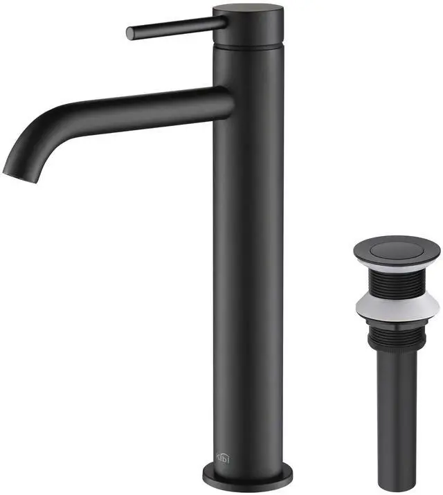 Main image of Bathroom Vessel Sink Faucet, Solid Brass Single Handle Single Hole Bathroom Faucet, High Arc Modern Vanity Faucet with Pop Up Drain, Matte Black, Rust & Corrosion Resistant