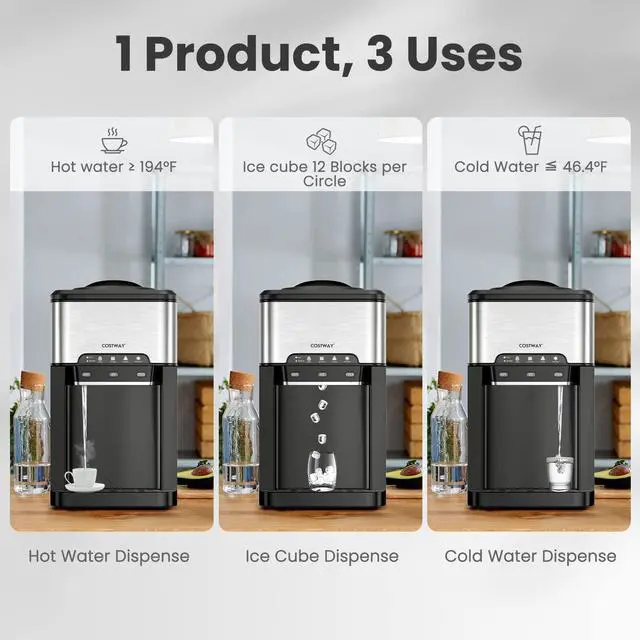 Alt view image 2 of 6 - Countertop Water Dispenser with Ice Maker, 3-in-1 Portable Hot Cold Dispenser with 48LBS/24H Ice Machine, Child Safety Lock for 3-5 Gallon Bottle