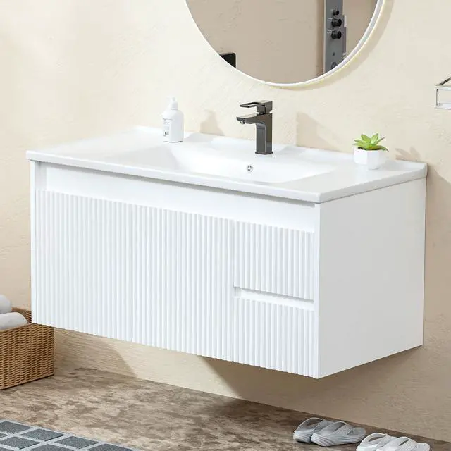 Main image of Floating Bathroom Vanity 40 Inch, Wall Mounted Bathroom Vanity with Ceramic Sink and 2 Drawers for Storage, Modern Wave-Carved Design Wooden Sink Cabinet, White