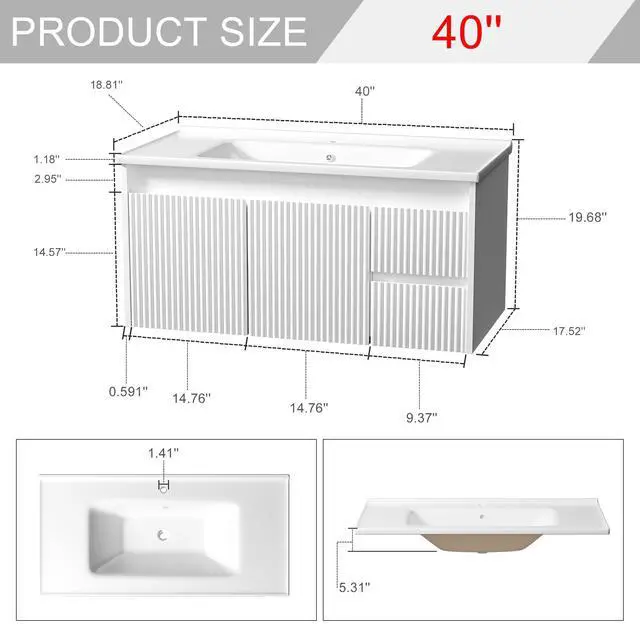 Alt view image 2 of 6 - Floating Bathroom Vanity 40 Inch, Wall Mounted Bathroom Vanity with Ceramic Sink and 2 Drawers for Storage, Modern Wave-Carved Design Wooden Sink Cabinet, White