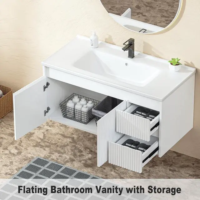 Alt view image 3 of 6 - Floating Bathroom Vanity 40 Inch, Wall Mounted Bathroom Vanity with Ceramic Sink and 2 Drawers for Storage, Modern Wave-Carved Design Wooden Sink Cabinet, White