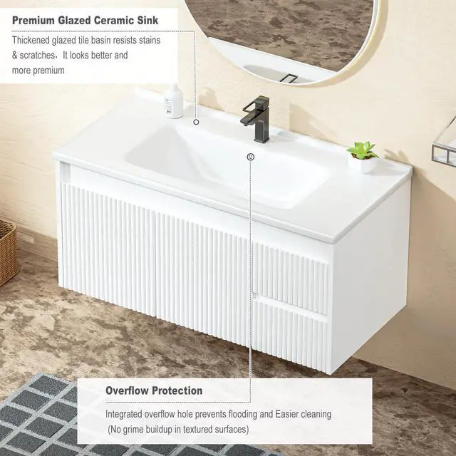 Alt view image 4 of 6 - Floating Bathroom Vanity 40 Inch, Wall Mounted Bathroom Vanity with Ceramic Sink and 2 Drawers for Storage, Modern Wave-Carved Design Wooden Sink Cabinet, White