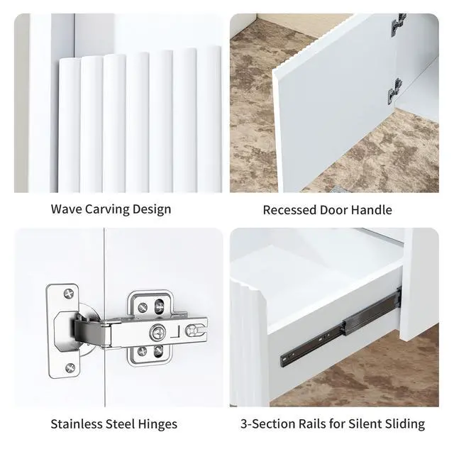 Alt view image 5 of 6 - Floating Bathroom Vanity 40 Inch, Wall Mounted Bathroom Vanity with Ceramic Sink and 2 Drawers for Storage, Modern Wave-Carved Design Wooden Sink Cabinet, White