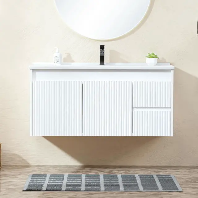 Alt view image 6 of 6 - Floating Bathroom Vanity 40 Inch, Wall Mounted Bathroom Vanity with Ceramic Sink and 2 Drawers for Storage, Modern Wave-Carved Design Wooden Sink Cabinet, White
