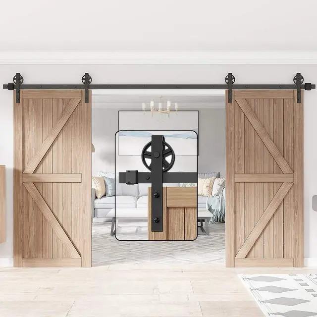Main image of 15FT Wood Double Sliding Barn Door Hardware Basic Black Big Spoke Wheel Roller Kit,5-18FT for Choose
