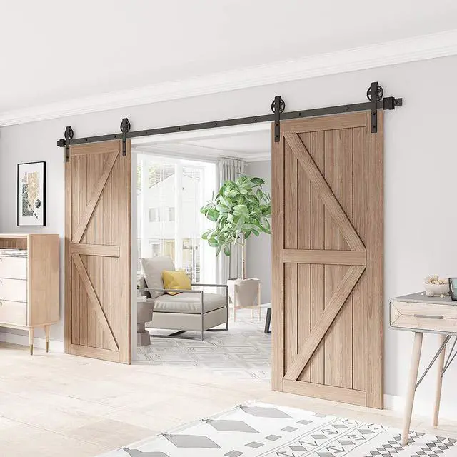 Alt view image 2 of 6 - 15FT Wood Double Sliding Barn Door Hardware Basic Black Big Spoke Wheel Roller Kit,5-18FT for Choose