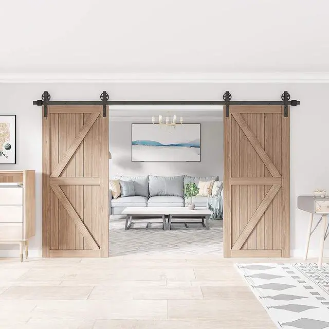 Alt view image 3 of 6 - 15FT Wood Double Sliding Barn Door Hardware Basic Black Big Spoke Wheel Roller Kit,5-18FT for Choose