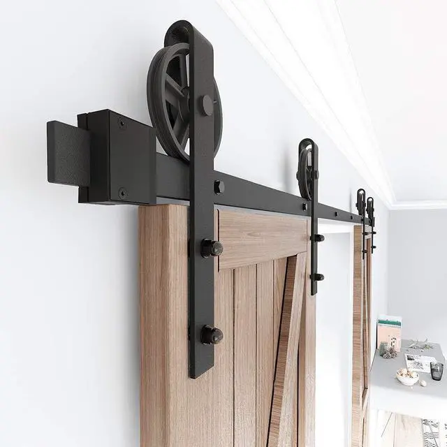 Alt view image 4 of 6 - 15FT Wood Double Sliding Barn Door Hardware Basic Black Big Spoke Wheel Roller Kit,5-18FT for Choose