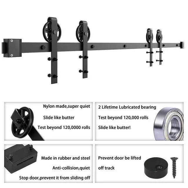 Alt view image 5 of 6 - 15FT Wood Double Sliding Barn Door Hardware Basic Black Big Spoke Wheel Roller Kit,5-18FT for Choose