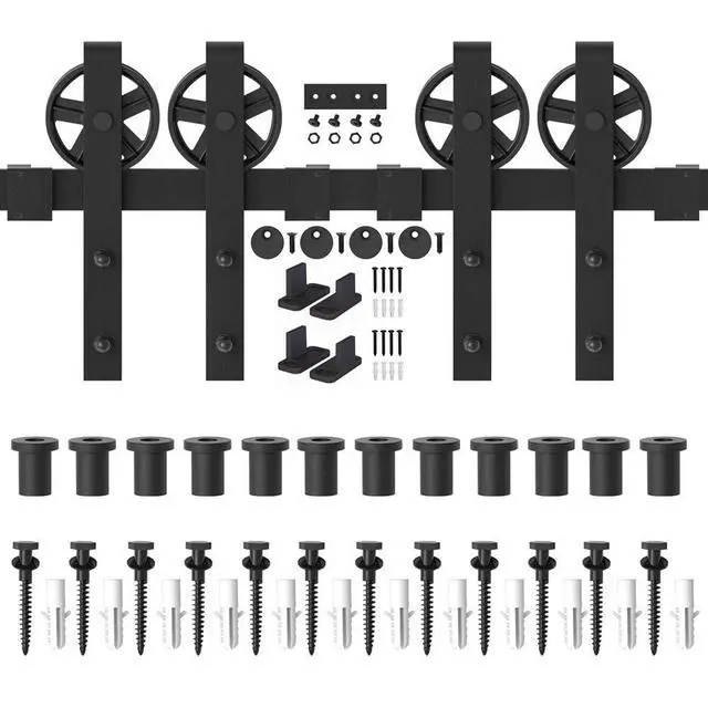 Alt view image 6 of 6 - 15FT Wood Double Sliding Barn Door Hardware Basic Black Big Spoke Wheel Roller Kit,5-18FT for Choose