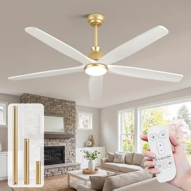 Main image of 52 Inch White Gold Wood Ceiling Fan with Lights, Outdoor Fans for Patio Damp Rated, Modern 5 Blade Propeller Remote Control, High CFM Quiet DC Motor, for Indoor Living Room Exterior Porch, 3 Downrod