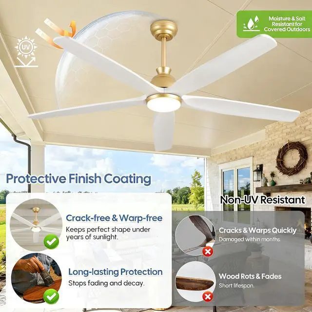 Alt view image 3 of 6 - 52 Inch White Gold Wood Ceiling Fan with Lights, Outdoor Fans for Patio Damp Rated, Modern 5 Blade Propeller Remote Control, High CFM Quiet DC Motor, for Indoor Living Room Exterior Porch, 3 Downrod